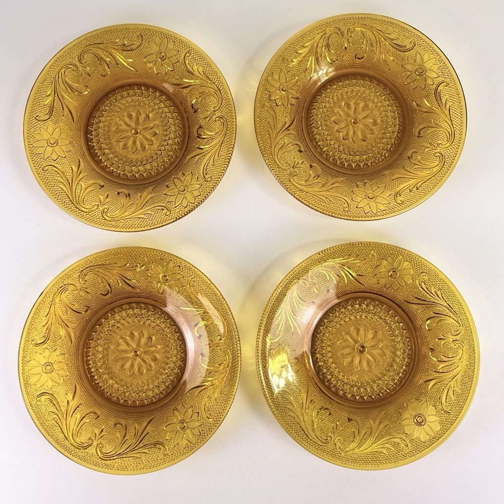 Vintage Tiara Exclusives Amber Sandwich Glass 7.25" Salad Plates Set of 4 VG+